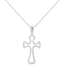 Load image into Gallery viewer, .925 Sterling Silver 1/3 Cttw Diamond Framed Open Cross 18" Pendant Necklace (J-K Color, I2-I3 Clarity)
