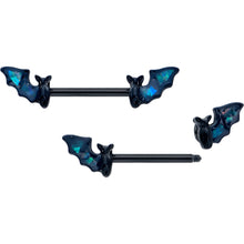 Load image into Gallery viewer, 14G 9/16 Black Bats in Blue Barbell Nipple Ring Set
