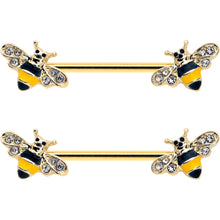 Load image into Gallery viewer, 14G 3/4 Clear CZ Gem Gold Tone Bee Luv Barbell Nipple Ring Set
