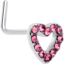 Load image into Gallery viewer, 20G 7mm Pink Gem Hollow Paved Heart L Shape Nose Ring
