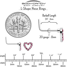 Load image into Gallery viewer, 20G 7mm Pink Gem Hollow Paved Heart L Shape Nose Ring
