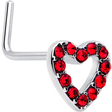 Load image into Gallery viewer, 20G 7mm Red Gem Hollow Paved Heart L Shape Nose Ring
