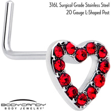 Load image into Gallery viewer, 20G 7mm Red Gem Hollow Paved Heart L Shape Nose Ring
