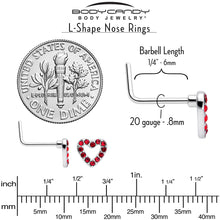 Load image into Gallery viewer, 20G 7mm Red Gem Hollow Paved Heart L Shape Nose Ring
