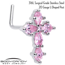 Load image into Gallery viewer, 20G 7mm Pink CZ Gem Classic Cross L Shape Nose Ring
