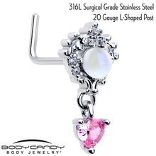 Load image into Gallery viewer, 20G 7mm Pink CZ Gem Heart Mystique Dangle L Shape Nose Ring
