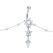 Load image into Gallery viewer, Clear CZ Gem Glamour Flower Faux Pearl Dangle Belly Ring Belly Chain
