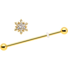 Load image into Gallery viewer, 14G Clear CZ Gem Gold Tone Glam Snowflake Industrial Barbell 38mm
