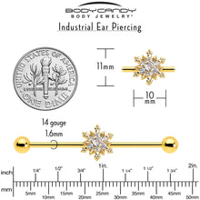 Load image into Gallery viewer, 14G Clear CZ Gem Gold Tone Glam Snowflake Industrial Barbell 38mm
