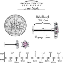 Load image into Gallery viewer, 16G 5/16 Pink CZ Gem Glam Snowflake Labret Monroe Tragus
