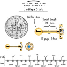 Load image into Gallery viewer, 16G 1/4 Blue CZ Gem Gold Tone Flower Ring Cartilage Tragus Earring
