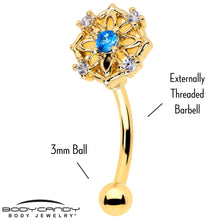 Load image into Gallery viewer, 16G 5/16 Blue CZ Gem Gold Tone Flower Ring Curved Eyebrow Ring
