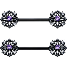 Load image into Gallery viewer, 14G 9/16 Purple CZ Gem Black Flower Ring Barbell Nipple Ring Set
