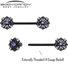 Load image into Gallery viewer, 14G 9/16 Purple CZ Gem Black Flower Ring Barbell Nipple Ring Set
