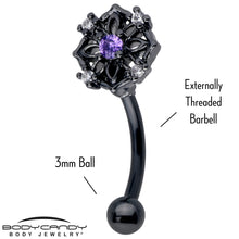 将图片加载到图库查看器，16G 5/16 Purple CZ Gem Black Flower Ring Curved Eyebrow Ring
