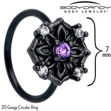 Load image into Gallery viewer, 20G 5/16 Purple CZ Gem Black Flower Ring Nose Hoop
