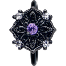 Load image into Gallery viewer, 20G 5/16 Purple CZ Gem Black Flower Ring Nose Hoop
