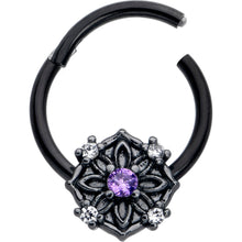 将图片加载到图库查看器，16G 3/8 Purple CZ Gem Black Flower Ring Hinged Segment Ring
