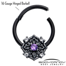 将图片加载到图库查看器，16G 3/8 Purple CZ Gem Black Flower Ring Hinged Segment Ring
