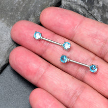 Load image into Gallery viewer, 14G 9/16 Blue CZ Gem Love Forward Facing Barbell Nipple Ring Set
