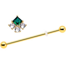 将图片加载到图库查看器，14G Green CZ Gem Gold Tone Rhombus Riot Industrial Barbell 38mm
