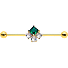 将图片加载到图库查看器，14G Green CZ Gem Gold Tone Rhombus Riot Industrial Barbell 38mm
