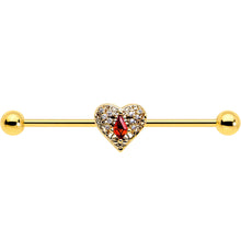 将图片加载到图库查看器，14G Red CZ Gem Gold Tone Heart Queen Industrial Barbell 38mm
