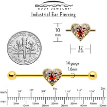 将图片加载到图库查看器，14G Red CZ Gem Gold Tone Heart Queen Industrial Barbell 38mm
