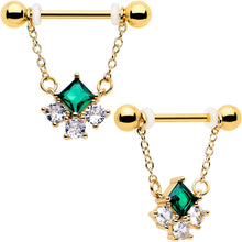 Load image into Gallery viewer, 14G 9/16 Green CZ Gem Gold Tone Rhombus Riot Dangle Nipple Ring Set
