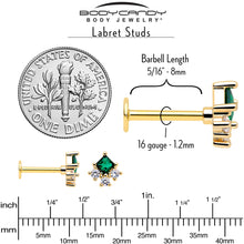 Load image into Gallery viewer, 16G 5/16 Green CZ Gem Gold Tone Rhombus Riot Flatback Stud
