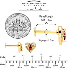 Load image into Gallery viewer, 16G 5/16 Red CZ Gem Gold Tone Heart Queen Flatback Stud
