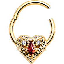 Load image into Gallery viewer, 16G 3/8 Red CZ Gem Gold Tone Heart Queen Hinged Segment Ring
