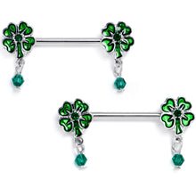 Load image into Gallery viewer, 14G 9/16 Green Gem Shamrock Glam St Patricks Dangle Nipple Ring Set
