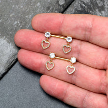 Load image into Gallery viewer, 14G 9/16 Clear CZ Gem Gold Tone Paved Heart Dangle Nipple Ring Set
