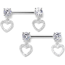 将图片加载到图库查看器，14G 9/16 Clear CZ Gem Paved Heart Dangle Nipple Ring Set
