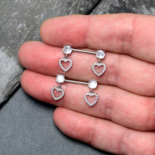 将图片加载到图库查看器，14G 9/16 Clear CZ Gem Paved Heart Dangle Nipple Ring Set
