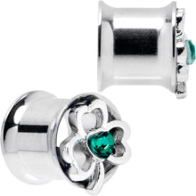 Load image into Gallery viewer, Green Gem Heart Shamrock St Patricks Tunnel Plug Set Sizes 10mm to 16mm
