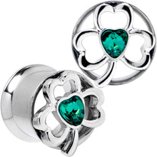 Load image into Gallery viewer, Green Gem Heart Shamrock St Patricks Tunnel Plug Set Sizes 10mm to 16mm
