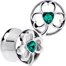 Load image into Gallery viewer, Green Gem Heart Shamrock St Patricks Tunnel Plug Set Sizes 10mm to 16mm
