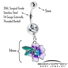 Load image into Gallery viewer, Blue Gem Faerie Flower Purple Dangle Belly Ring
