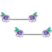 Load image into Gallery viewer, 14G 9/16 Blue Gem Faerie Flower Purple Barbell Nipple Ring Set
