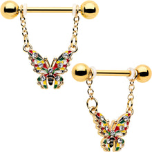 Load image into Gallery viewer, 14G 9/16 Clear Gem Gold Tone Color Block Butterfly Dangle Nipple Ring Set
