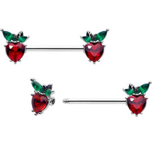 Load image into Gallery viewer, 14G 9/16 Red Green Gem Strawberry Heart Barbell Nipple Ring Set
