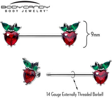 Load image into Gallery viewer, 14G 9/16 Red Green Gem Strawberry Heart Barbell Nipple Ring Set
