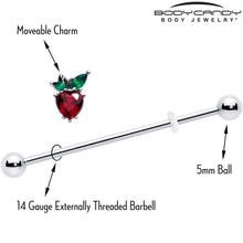Load image into Gallery viewer, 14G Red Green Gem Strawberry Heart Industrial Barbell 38mm

