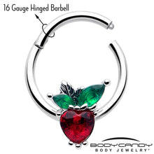 Load image into Gallery viewer, 16G 3/8 Red Green Gem Strawberry Heart Hinged Segment Ring
