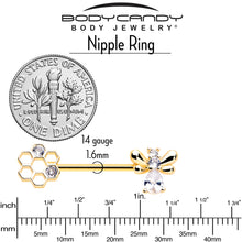 Load image into Gallery viewer, 14G 9/16 Clear CZ Gem Gold Tone Bee Hive Luv Barbell Nipple Ring Set
