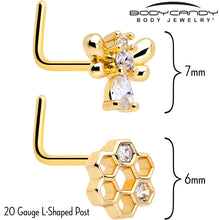 将图片加载到图库查看器，20G 7mm Clear CZ Gem Gold Tone Bee Hive Luv L Shape Nose Ring Set of 2
