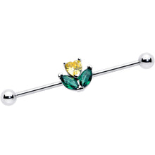 Load image into Gallery viewer, 14G Yellow Green CZ Gem Love Flower Industrial Barbell 38mm
