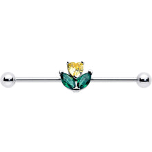 Load image into Gallery viewer, 14G Yellow Green CZ Gem Love Flower Industrial Barbell 38mm
